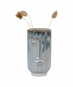 Mint blå keramivase med ansigt - ø9