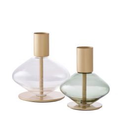 Lysestage i glas/metal og klar/grøn - sæt af 2
