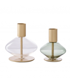 Lysestage i glas/metal og klar/grøn - sæt af 2