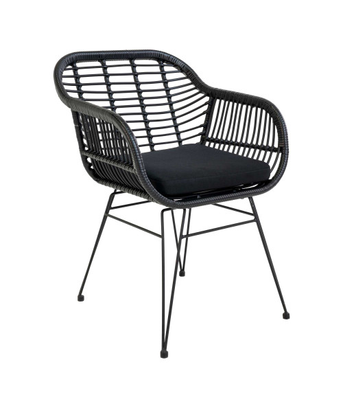 Trieste stol i sort polyrattan med hynde. Findes også i natur. Se den på bogk.dk